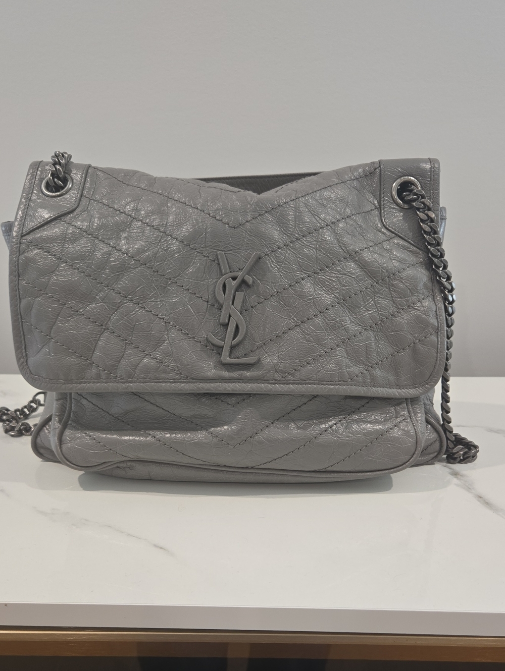 Saint Laurent Gray Quilted Leather Shoulder Bag with Chain Strap